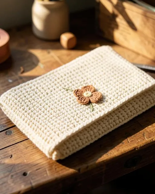 Virkat datorfodral i creme med en liten broderad blomma