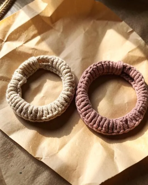 Två virkade pannband i beige och dammrosa på papper